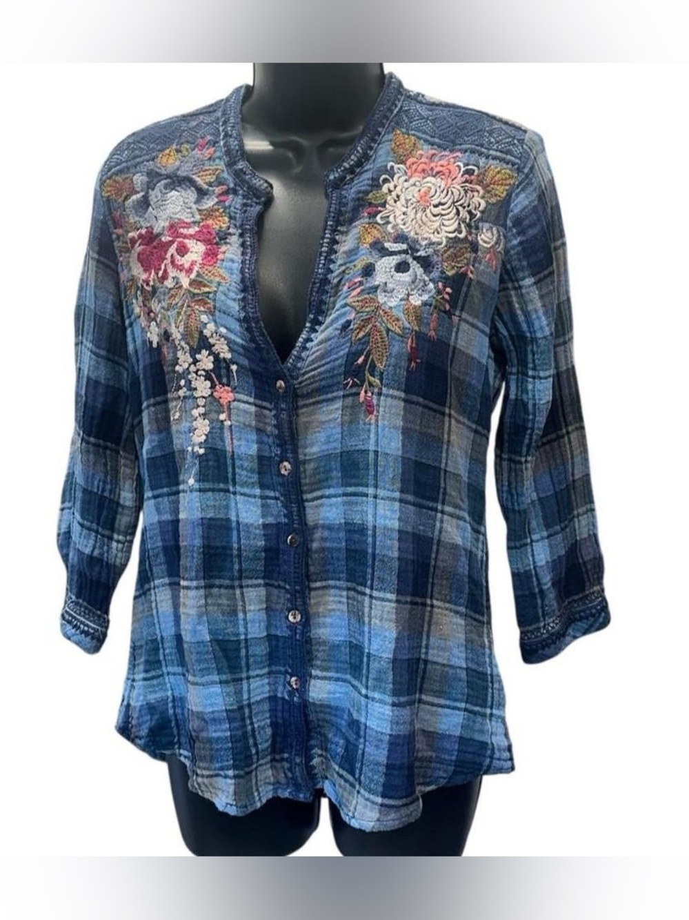 Johnny Was Blue Plaid Gauze Floral Embroidered Shirt
